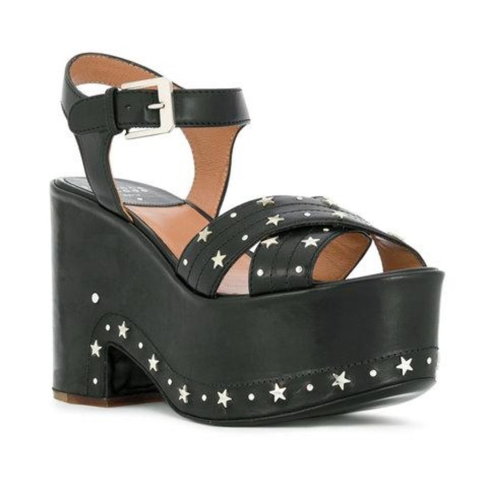 LAURENCE DACADE Helissa Star Studs Platform Sandals Black Leather 5.5